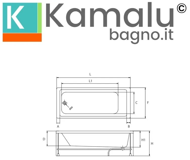 Kamalu - Vasca da bagno rettangolare 170x75cm in acrilico bianco lucido | KM200
