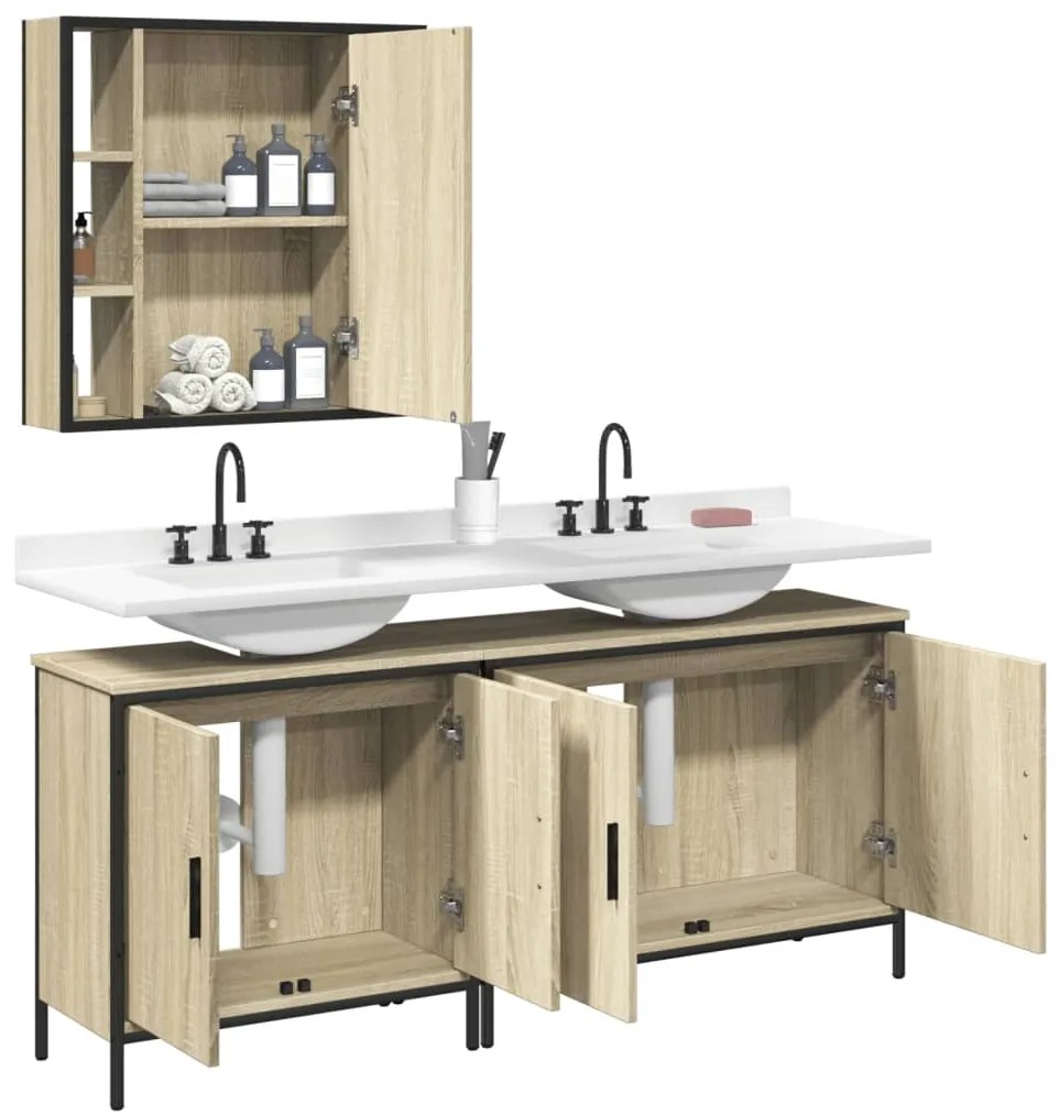 Set di mobili da bagno 3 pz rovere sonoma in legno multistrato