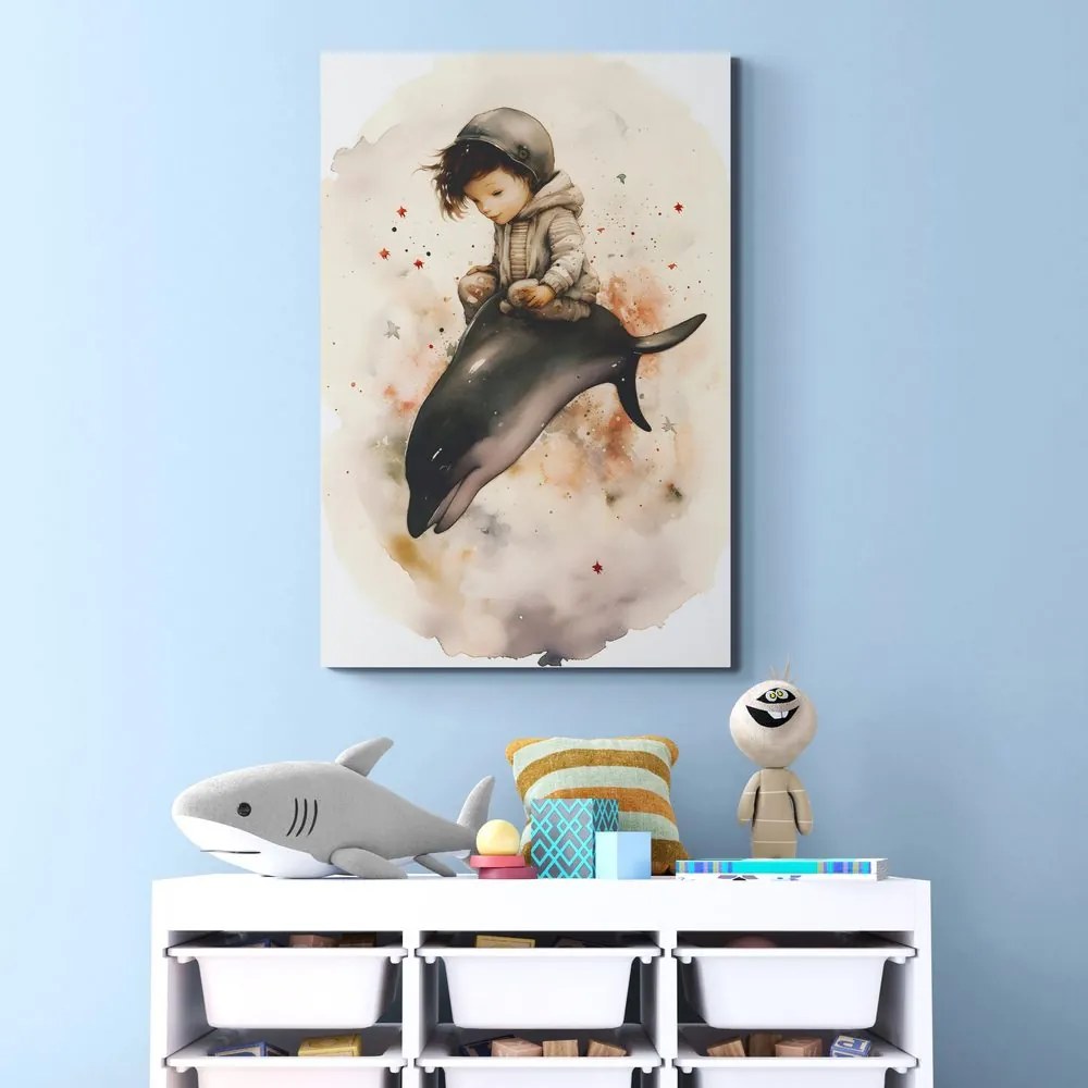 Stampa su tela – Bambino sognante con delfino