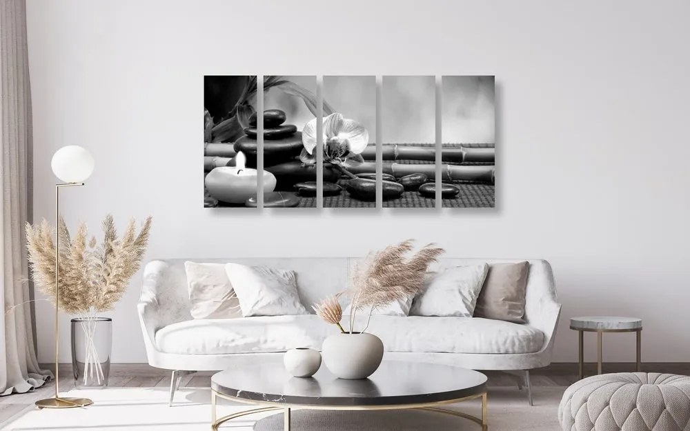 Quadri 5 pezzi – Natura morta Feng Shui in bianco e nero