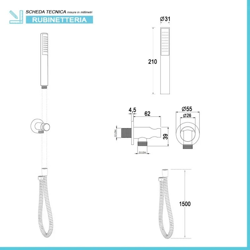 Kit doccia incasso cromato completo di soffione 25 cm inox e kit doccetta Recta