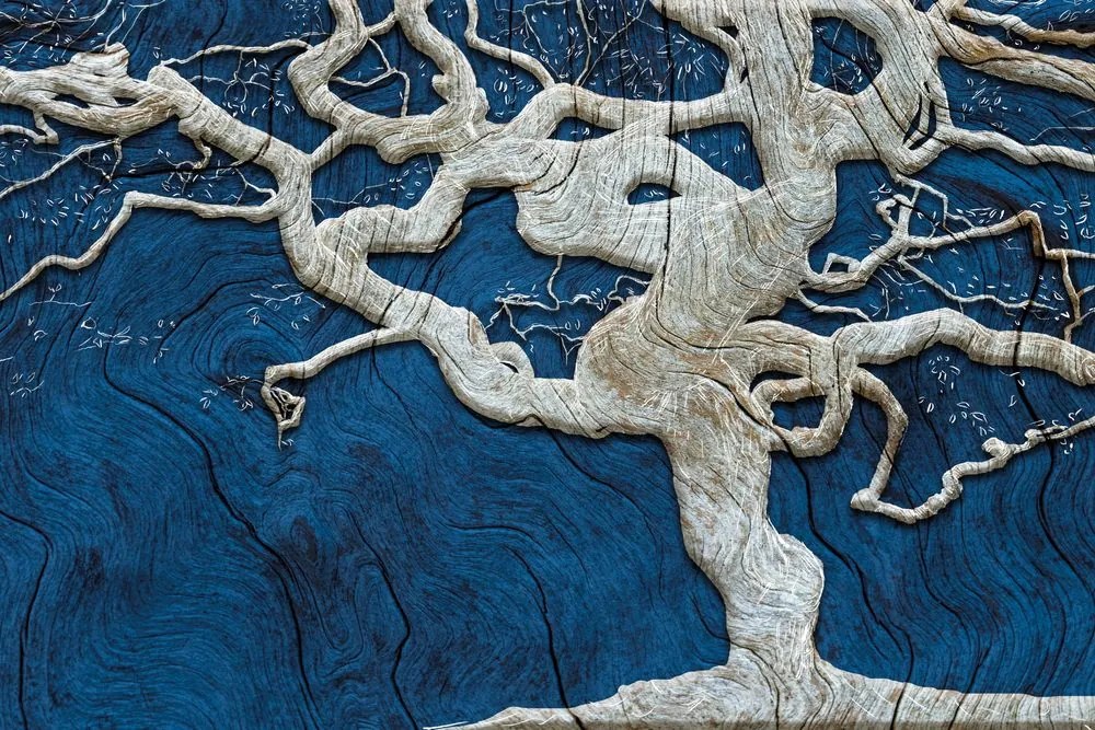 Carta da parati – Albero Astratto su Legno con Contrasto Blu