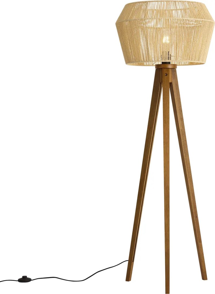 Lampada da terra vintage in legno con paralume in corda di carta marrone 50/50/30 - Tripod Classic