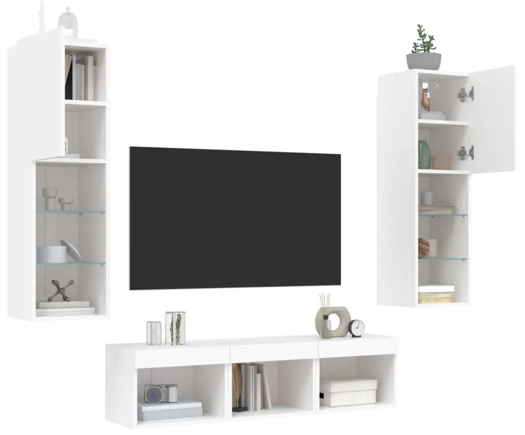 Mobili tv a muro con led 5pz bianchi in legno multistrato