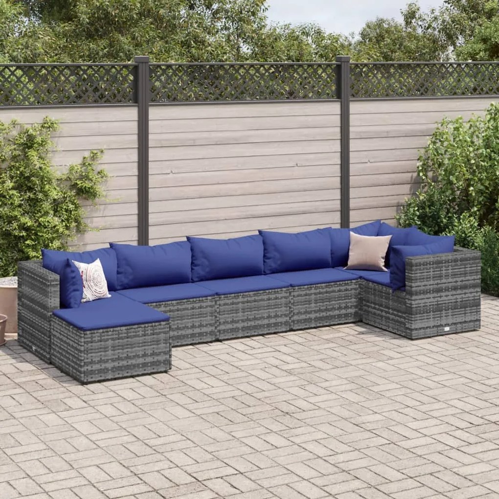 Set divani da giardino 7 pz con cuscini in polyrattan grigio