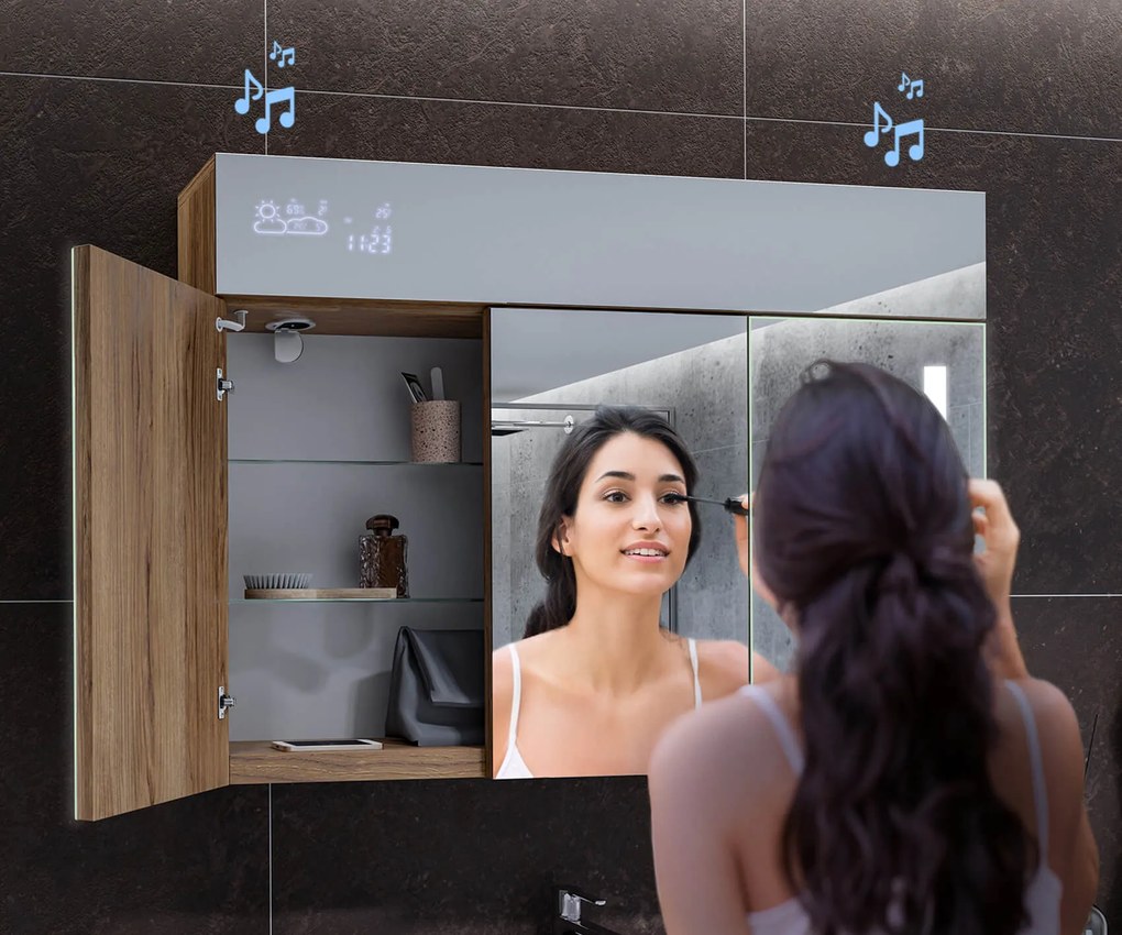 Mobile illuminato con specchio LED, modello Emily L02 - 100 x 72 cm, mobile da bagno dal design moderno con configurazione dell’interruttore dell’illuminazione, nel colore Rovere Oslo