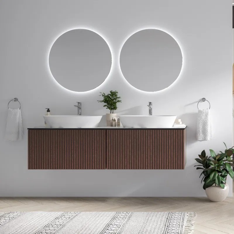 Mobile bagno sospeso 160cm cannettato piano bianco KDS-160P - KAMALU