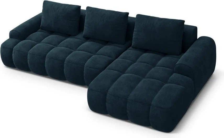 Divano angolare color petrolio allungabile/con contenitore (con penisola a destra/con chaise lounge) con rivestimento in velluto Linz – Cosmopolitan Design