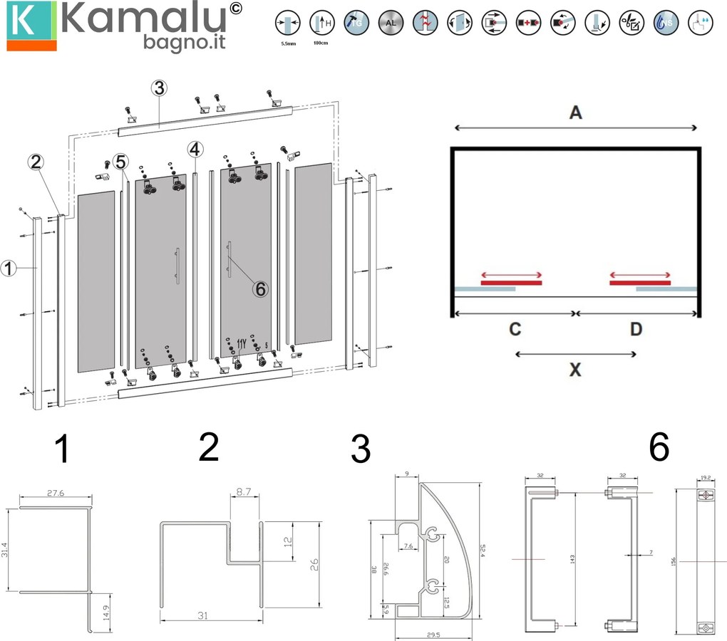 Nicchia doccia 160cm doppio scorrevole altezza 180cm | KAM-KNF6000 - KAMALU