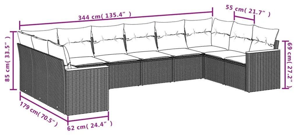 Set divani da giardino 10pz con cuscini in polyrattan nero