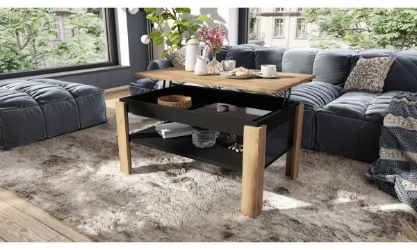 Tavolino pieghevole con piano sollevabile con mensola ADEN quercia/nero