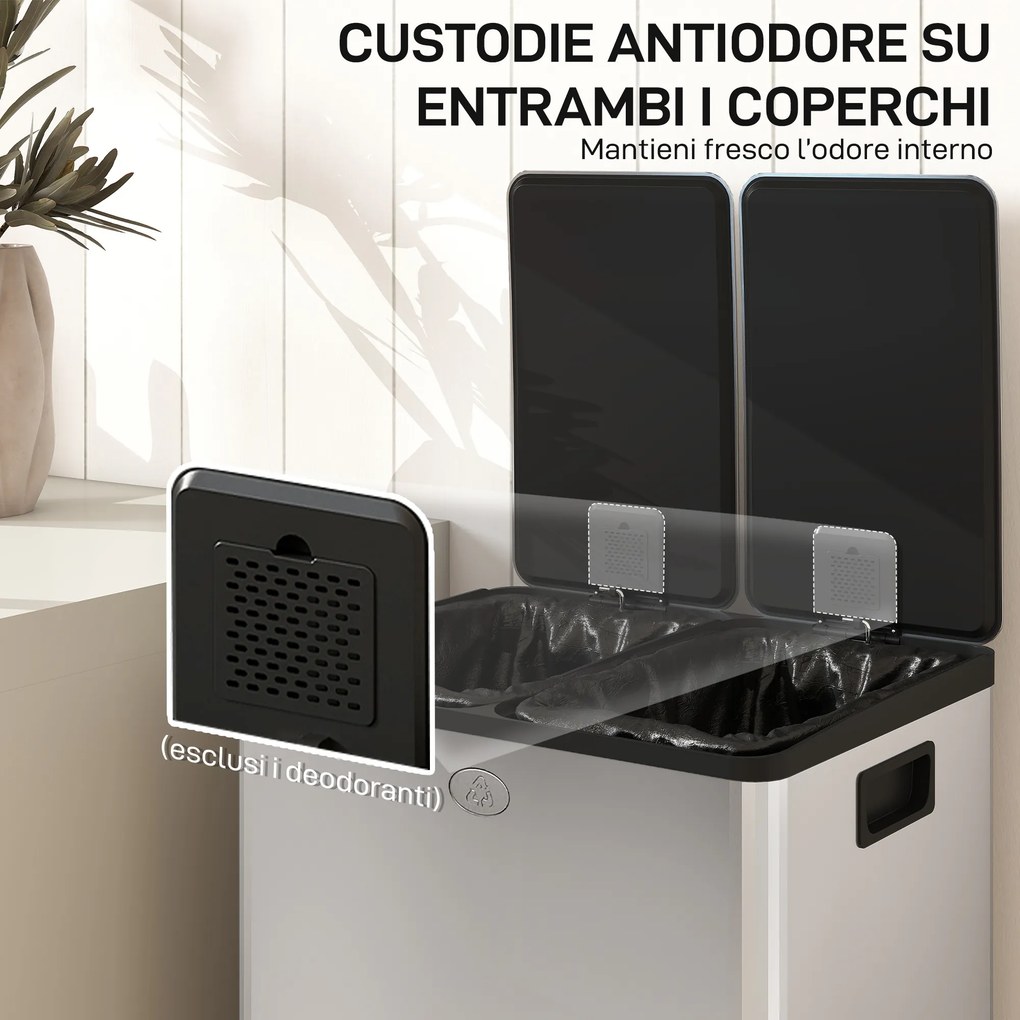 Pattumiera Differenziata Cestino Spazzatura 2 Scomparti da 28L in Acciaio Inox Argento...