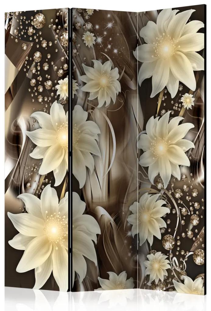 Paravento Profondità marrone - fiori bianchi su sfondo di onde astratte marroni