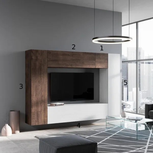 Parete soggiorno sospesa Isoka A06 L.254 H.174 P 39,5 Noce e Bianco