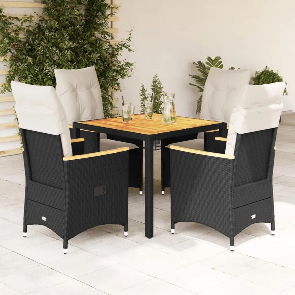 Set da pranzo da giardino 5 pz nero con cuscini in polyrattan