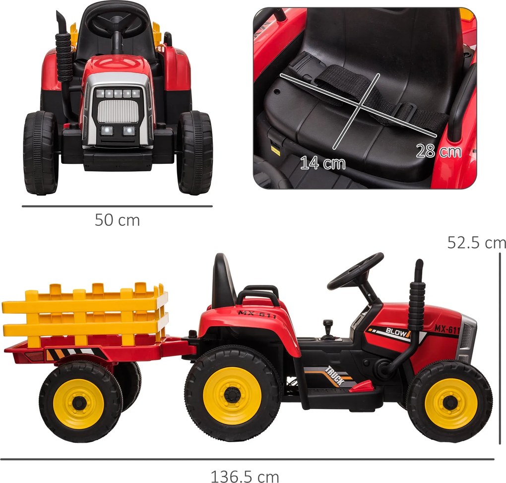 Trattore Elettrico per Bambini 12V con Rimorchio Rosso...