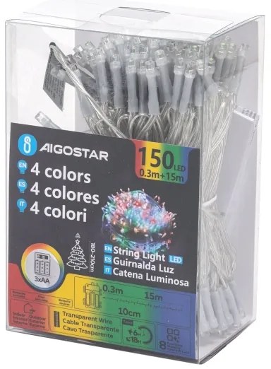 Aigostar -Catena LED natalizia da esterno 150xLED/8 funzioni 3xAA 15,3m IP44 multicolore
