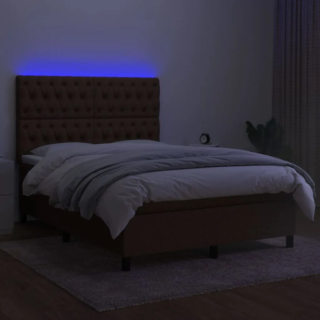 Letto a Molle Materasso e LED MarroneScuro 140x190cm in Tessuto