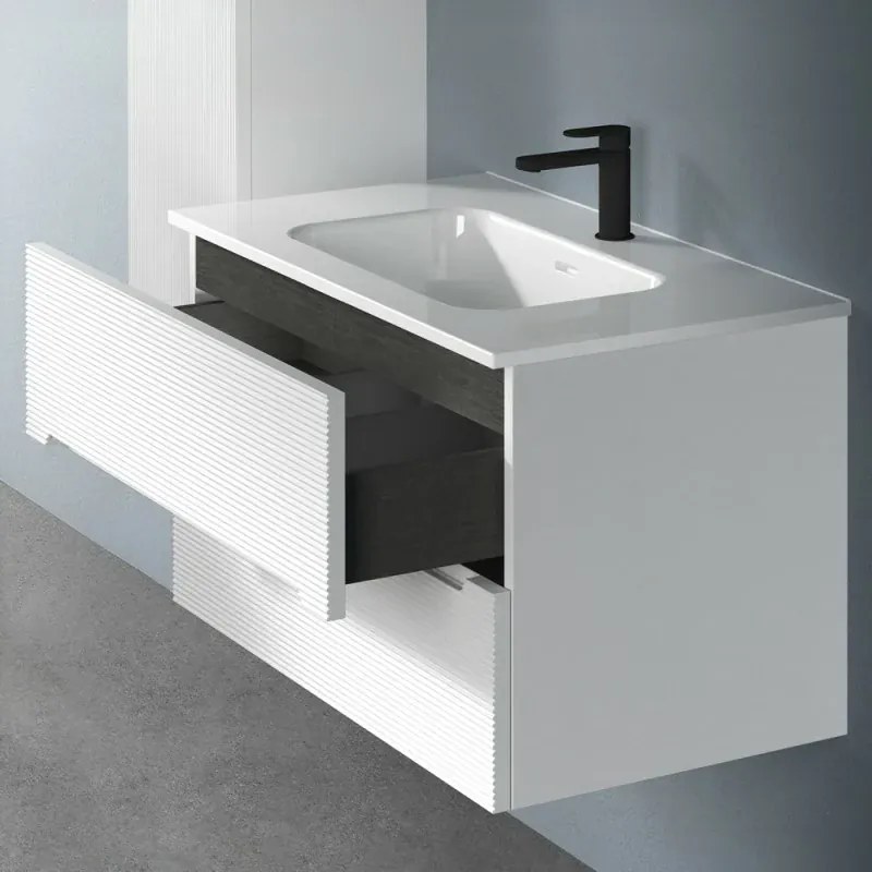 Mobile bagno sospeso 80 bianco cannettato 2 cassetti lavabo e specchio Rigo