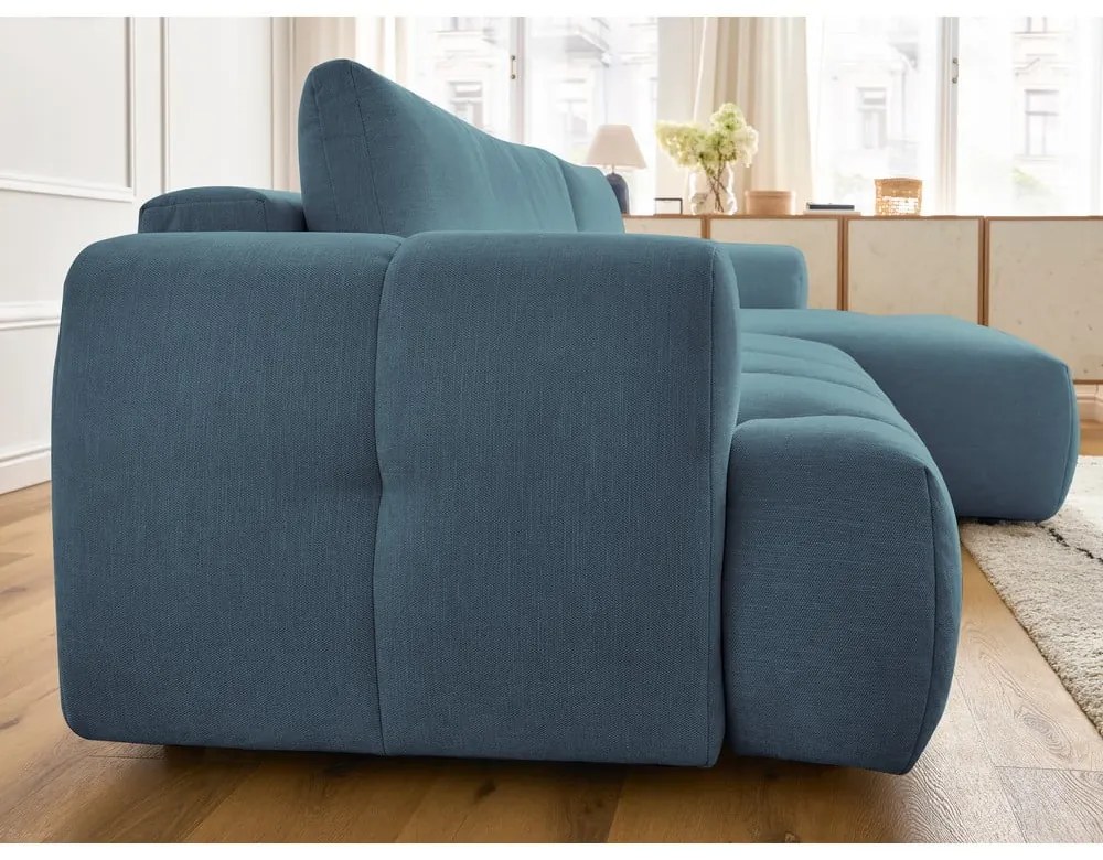 Divano angolare blu allungabile e con contenitore (penisola a destra/chaise lounge) con rivestimento in ciniglia Fuji – Bobochic Paris