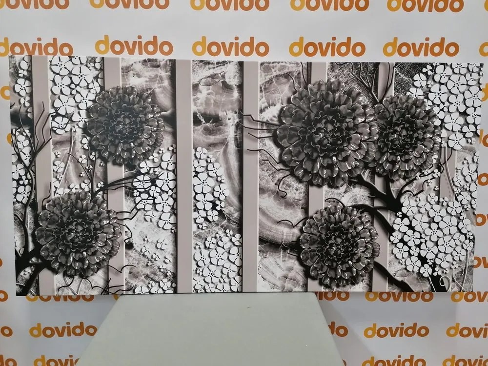 Quadro su tela – Fiori astratti su sfondo di marmo in bianco e nero