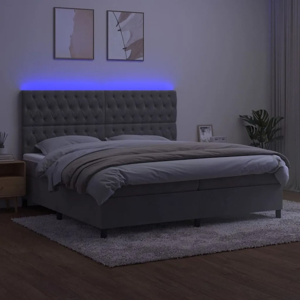 Letto a molle materasso e led grigio chiaro 200x200 cm velluto