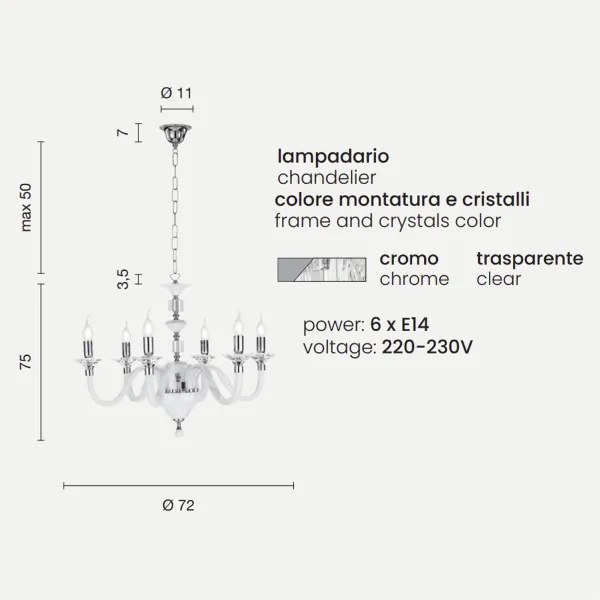 Lampada a sospensione GALA D72 cm in vetro lavorato a mano con dettagli in metallo 6 LUCI CROMO