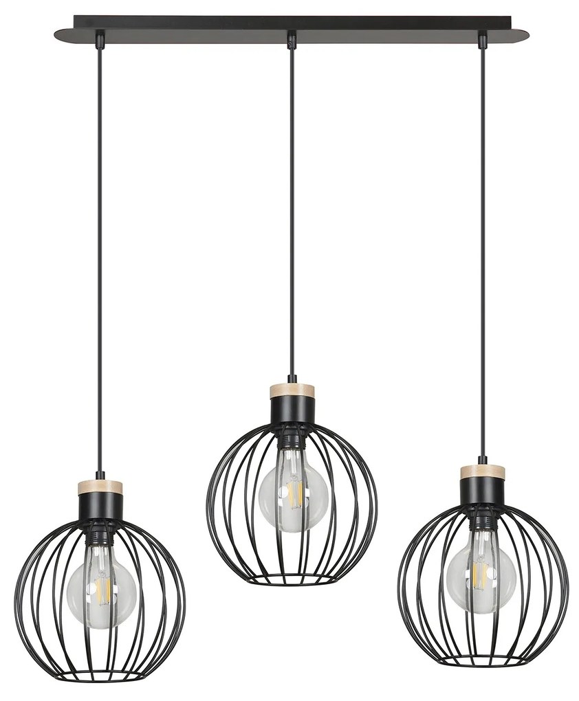 Lampadario 3 Luci Morgana Paralumi A Gabbia In Acciaio Nero E Legno Naturale