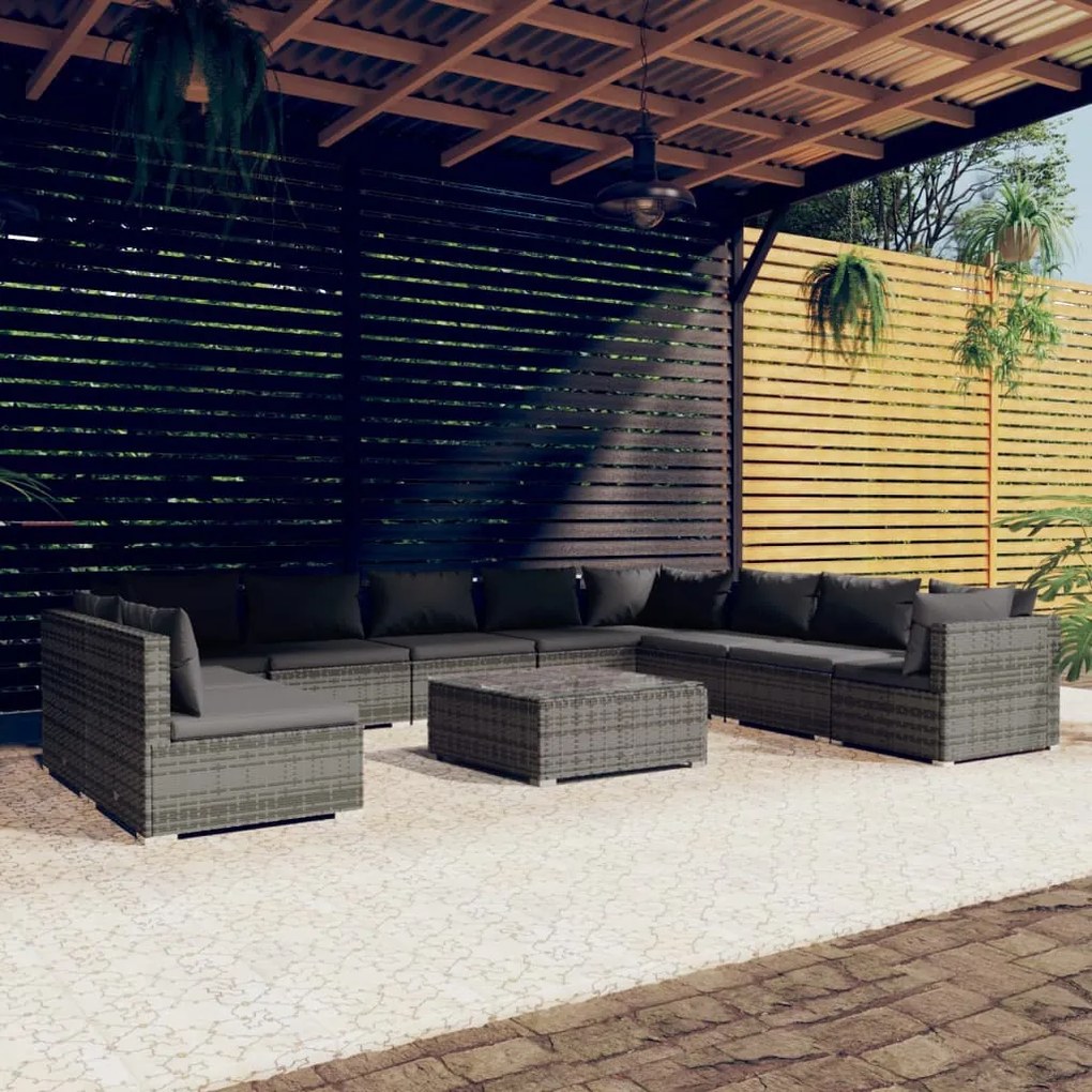 Set divani da giardino 11 pz con cuscini in polyrattan grigio