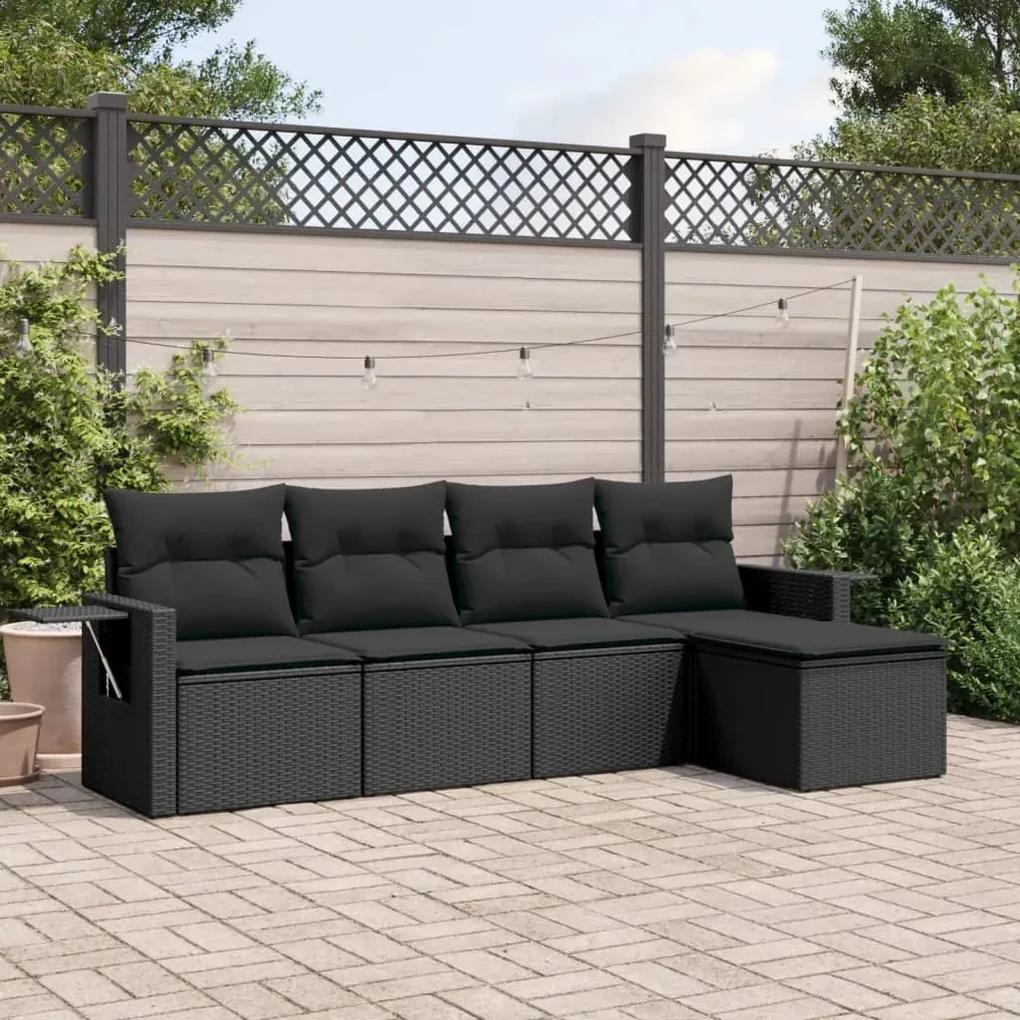 Set divani da giardino 5 pz con cuscini in polyrattan nero