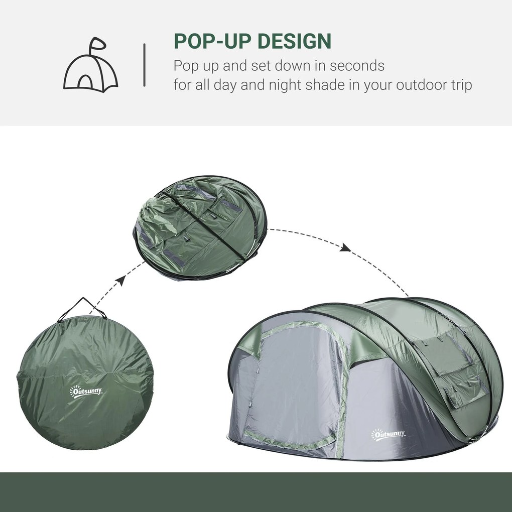 Tenda da Campeggio Pop Up 4-5 Persone 263,5x220x123 cm con Porte e Finestre Verde e Grigio...