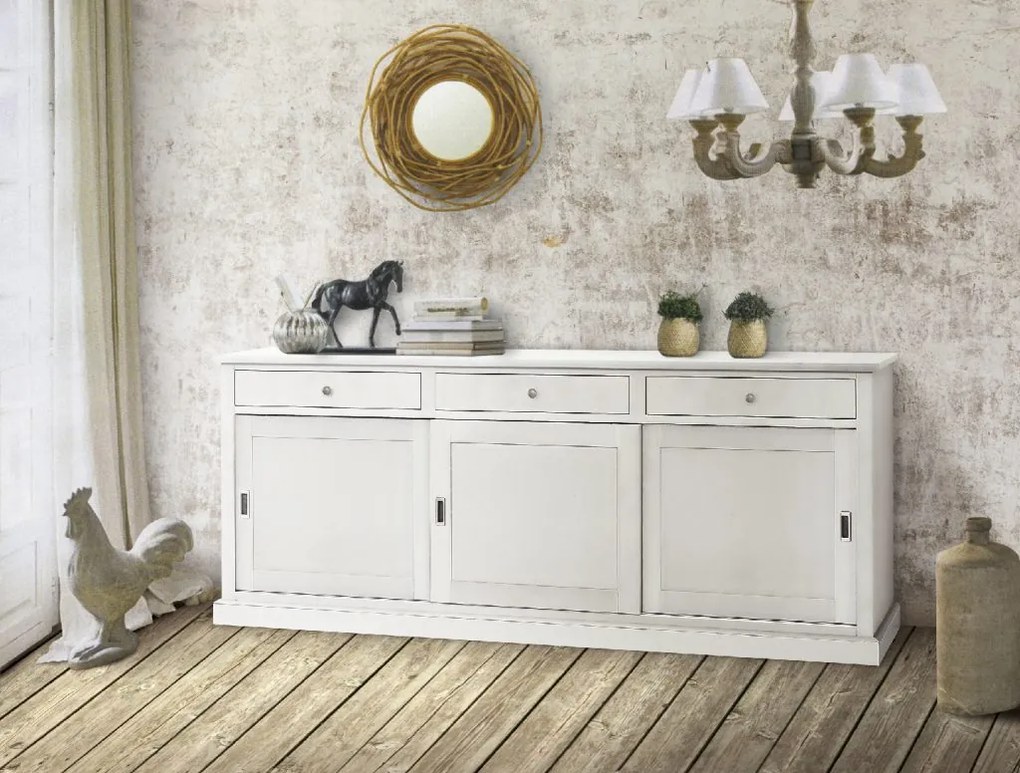 Credenza in legno di pioppo bianco con 3 porte e 3 cassetti