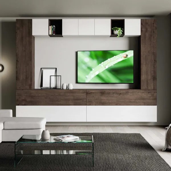 Parete soggiorno A105 L.348 H.254 P.39,5 Bianco e Noce