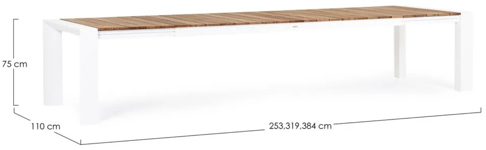 Tavolo allungabile CAMERON in alluminio bianco e legno teak 253&#215;110 cm &#8211; 384&#215;110 cm