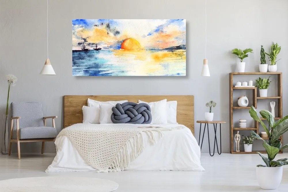 Stampa su tela – Mare acquerellato e tramonto