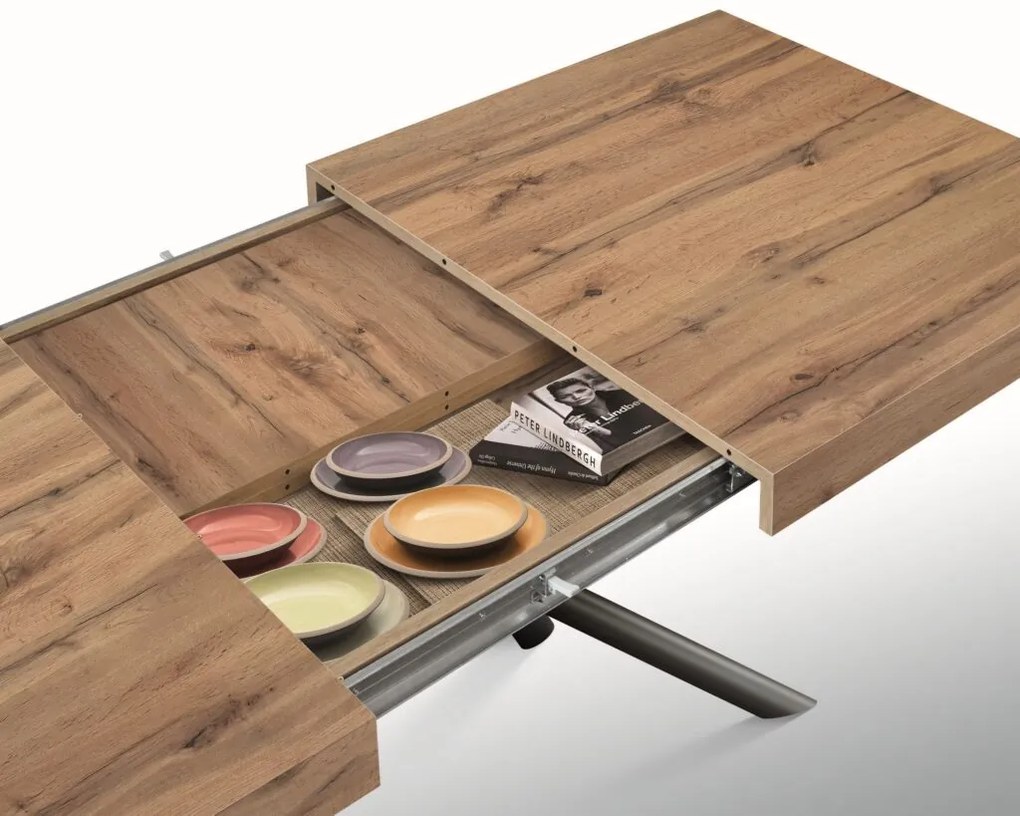 Tavolo CARRARA in legno, finitura rovere rustico e base in metallo antracite, allungabile 160×90 cm – 240×90 cm