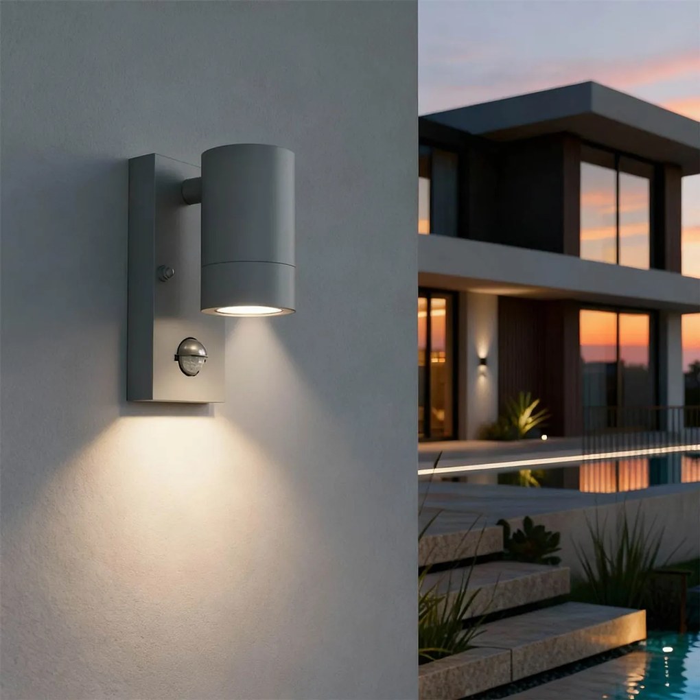 Applique cilindrica da Esterno IP65 GU10 con sensore Movimento - Grigia