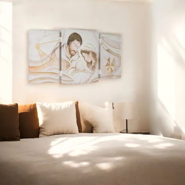 Quadro TRIS moderno su tela 65x146 cm telaio in legno tema Sacra Famiglia
