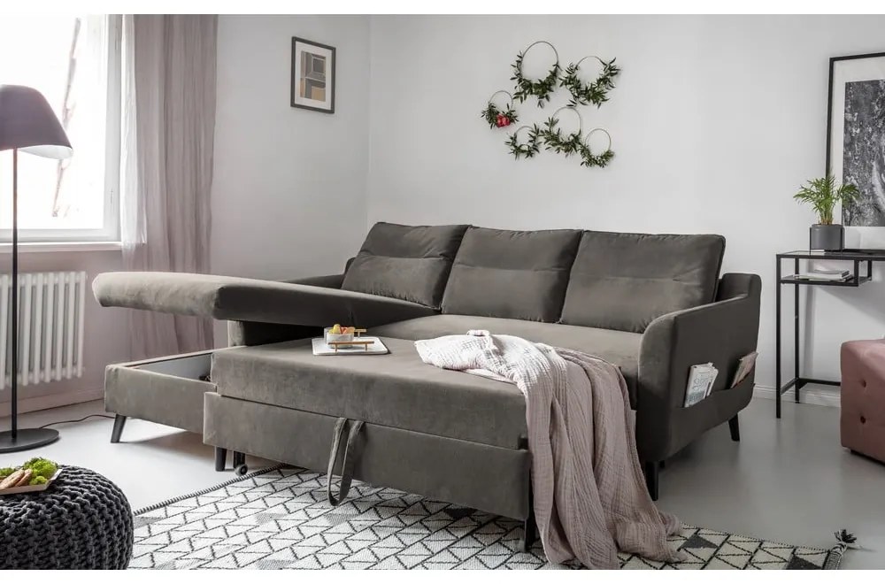 Divano letto angolare in velluto grigio scuro, angolo sinistro Stylish Stan - Miuform