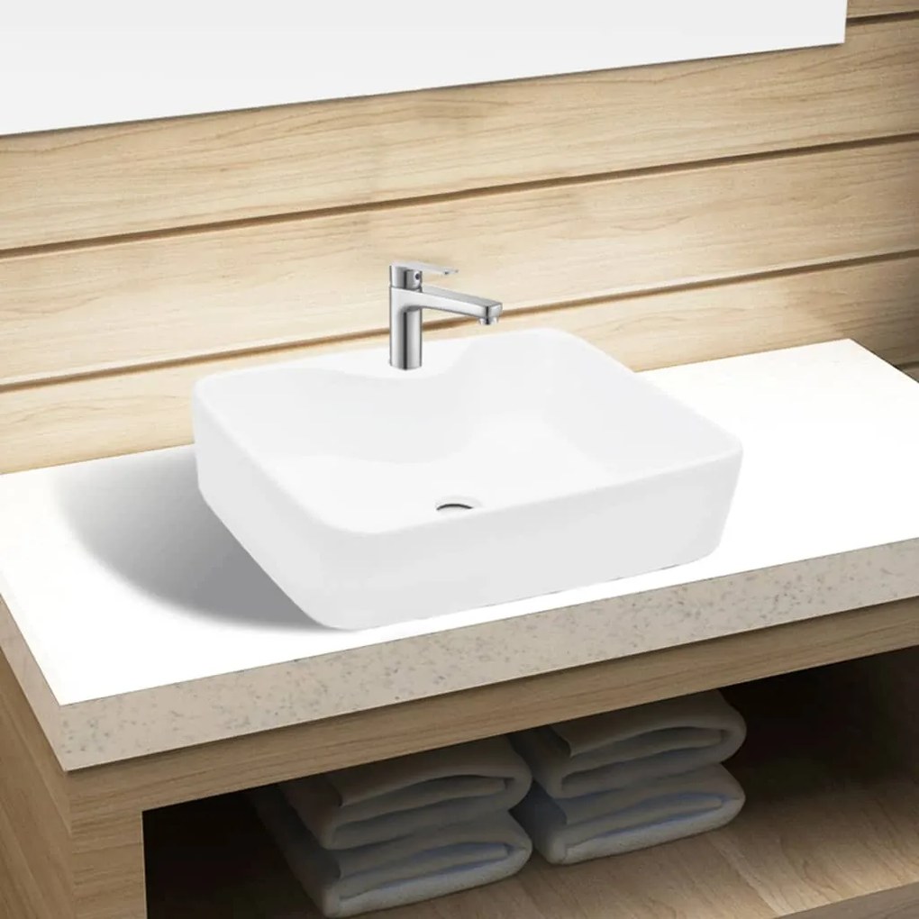 Lavandino Bagno İn Ceramica Bianca Quadrato Con Foro Per Rubinetto /