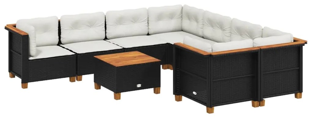 Set divani da giardino 9 pz con cuscini nero in polyrattan