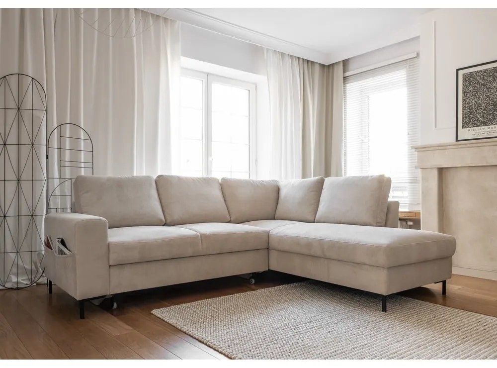 Divano letto angolare in velluto a coste beige (angolo destro) Lofty Lilly - Miuform