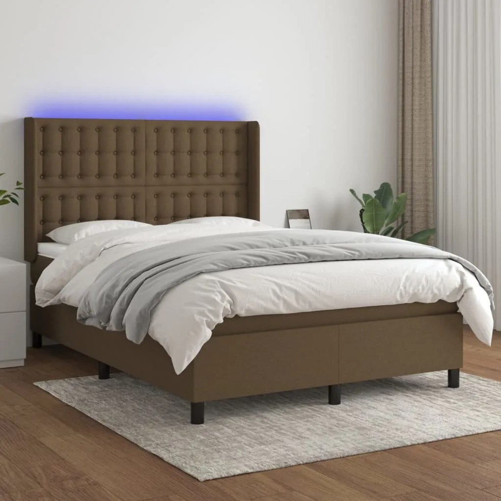 Letto a molle materasso e led marrone scuro 140x200 cm tessuto