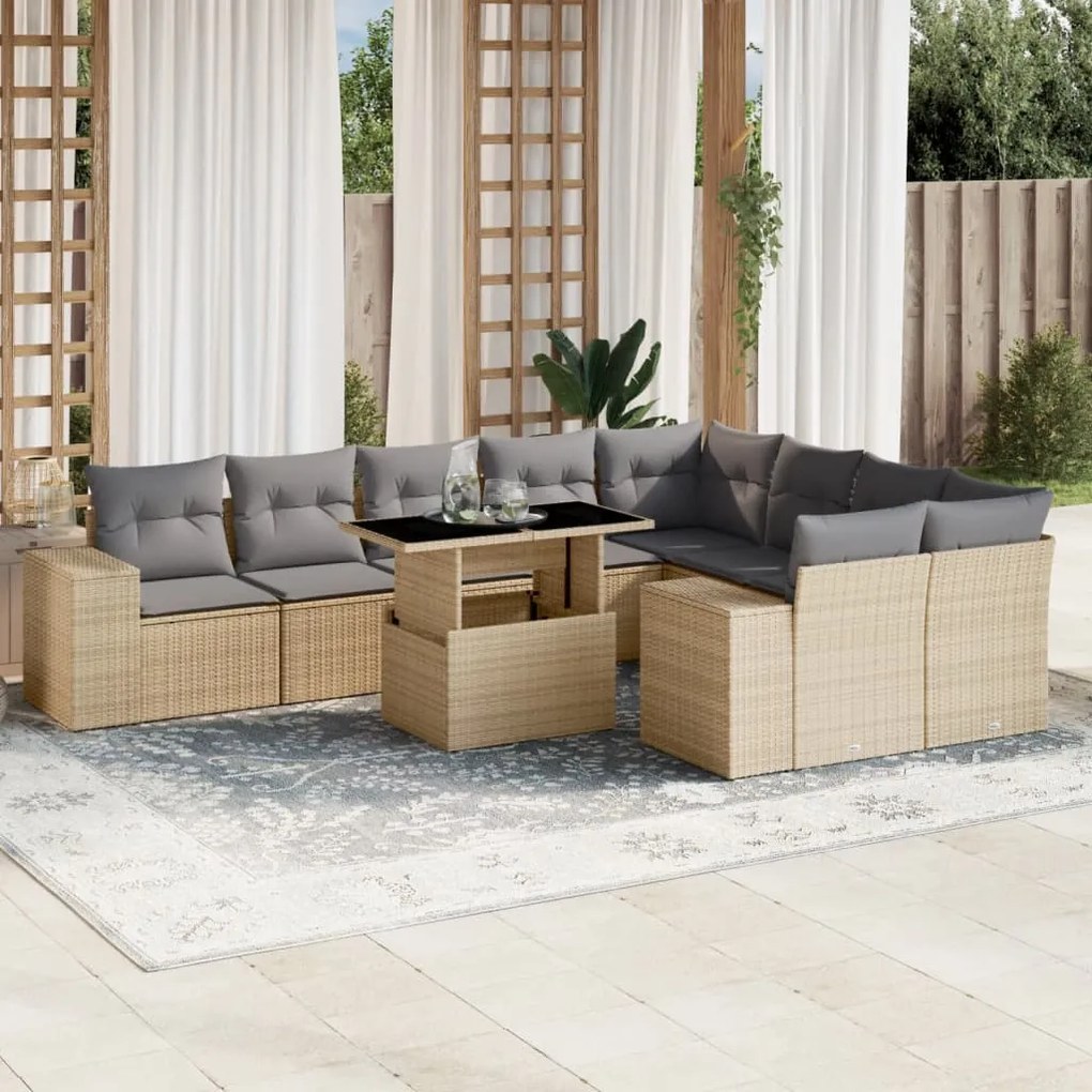 Set divano da giardino 10 pz con cuscini beige in polyrattan