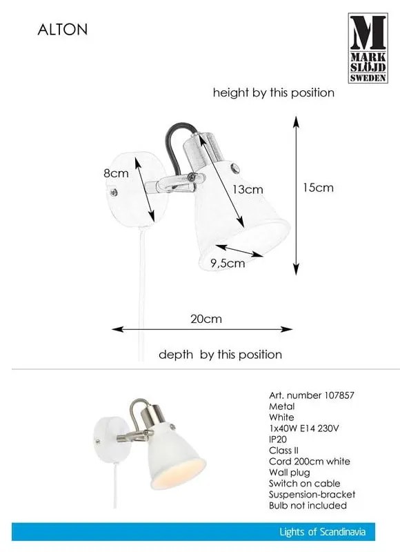 Lampada da parete bianca Alton - Markslöjd