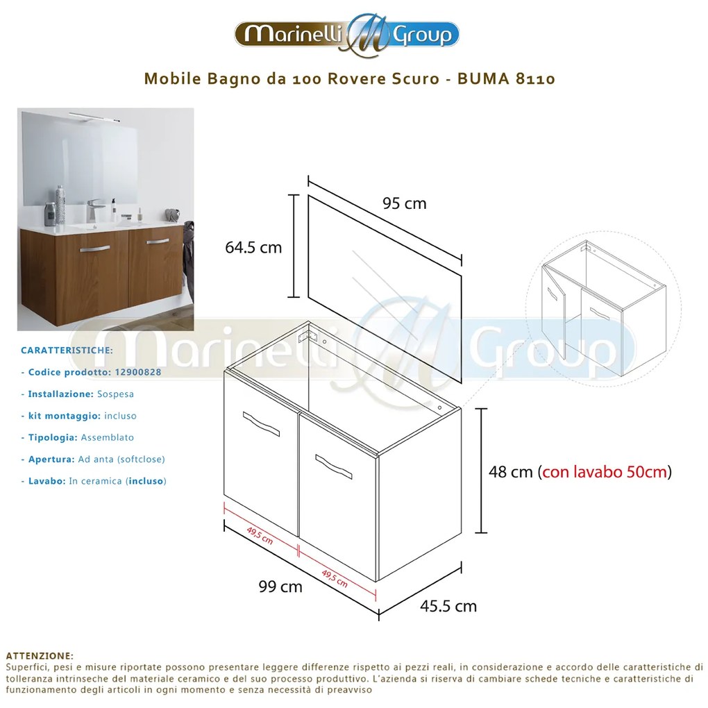 Mobile bagno BUMA100 Rovere scuro 8110 con lavabo e specchio