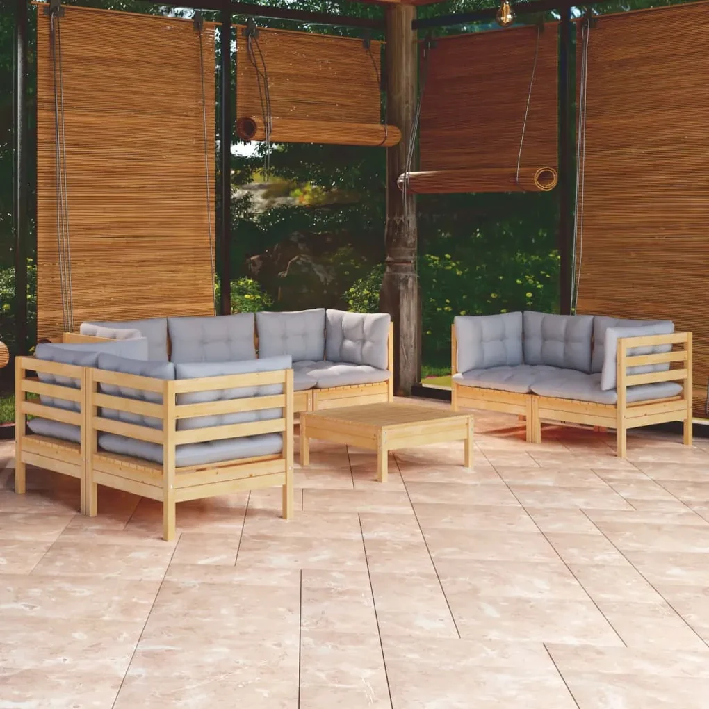 Set divani da giardino 8 pz con cuscini grigi massello di pino