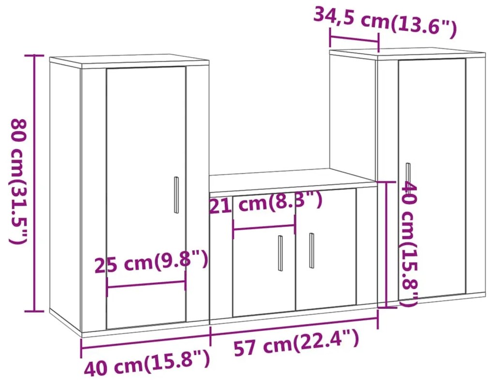 Set Mobili Porta TV 3 pz Nero in Legno Multistrato