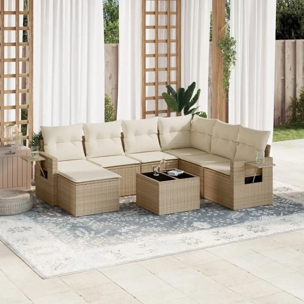 Set Divano da Giardino 8 pz con Cuscini Beige in Polyrattan