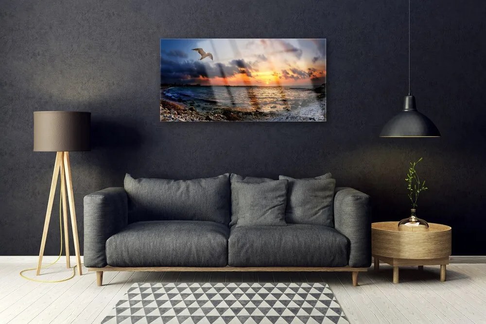 Quadro in vetro Gabbiano mare spiaggia paesaggio 100x50 cm 2 appendini